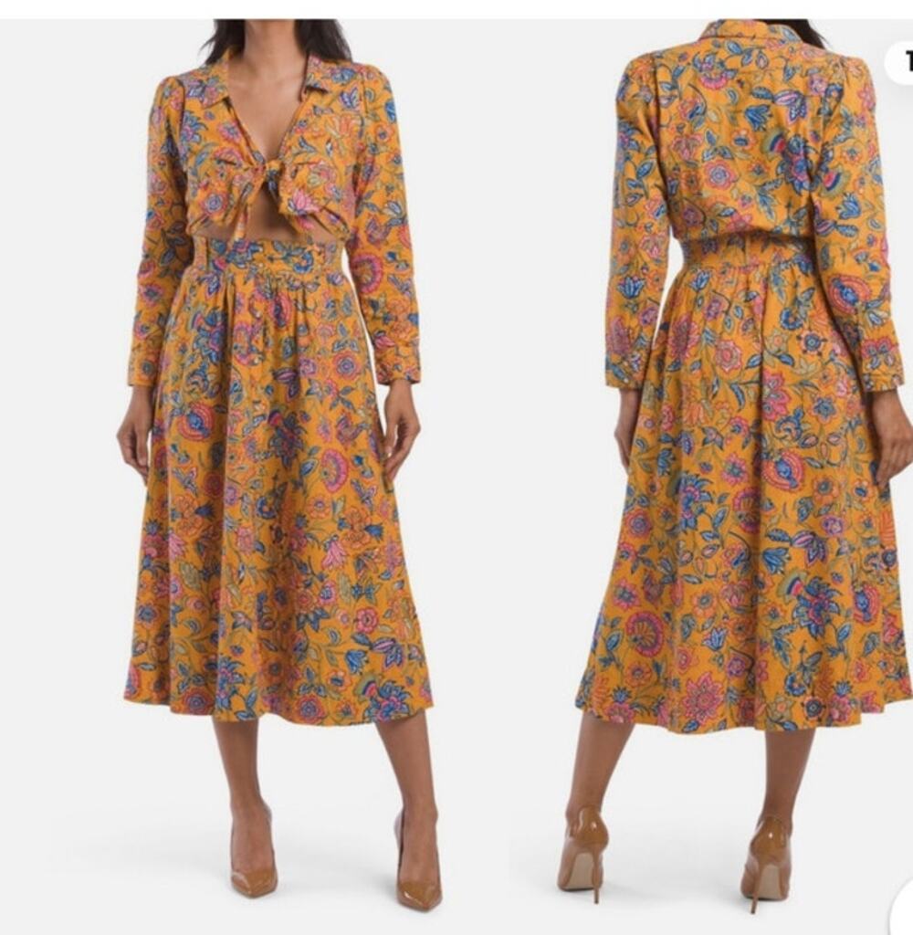 House of Harlow 1960 Dress Cheyna Orange Midi Tie Front Floral Cotton Dress Sz S